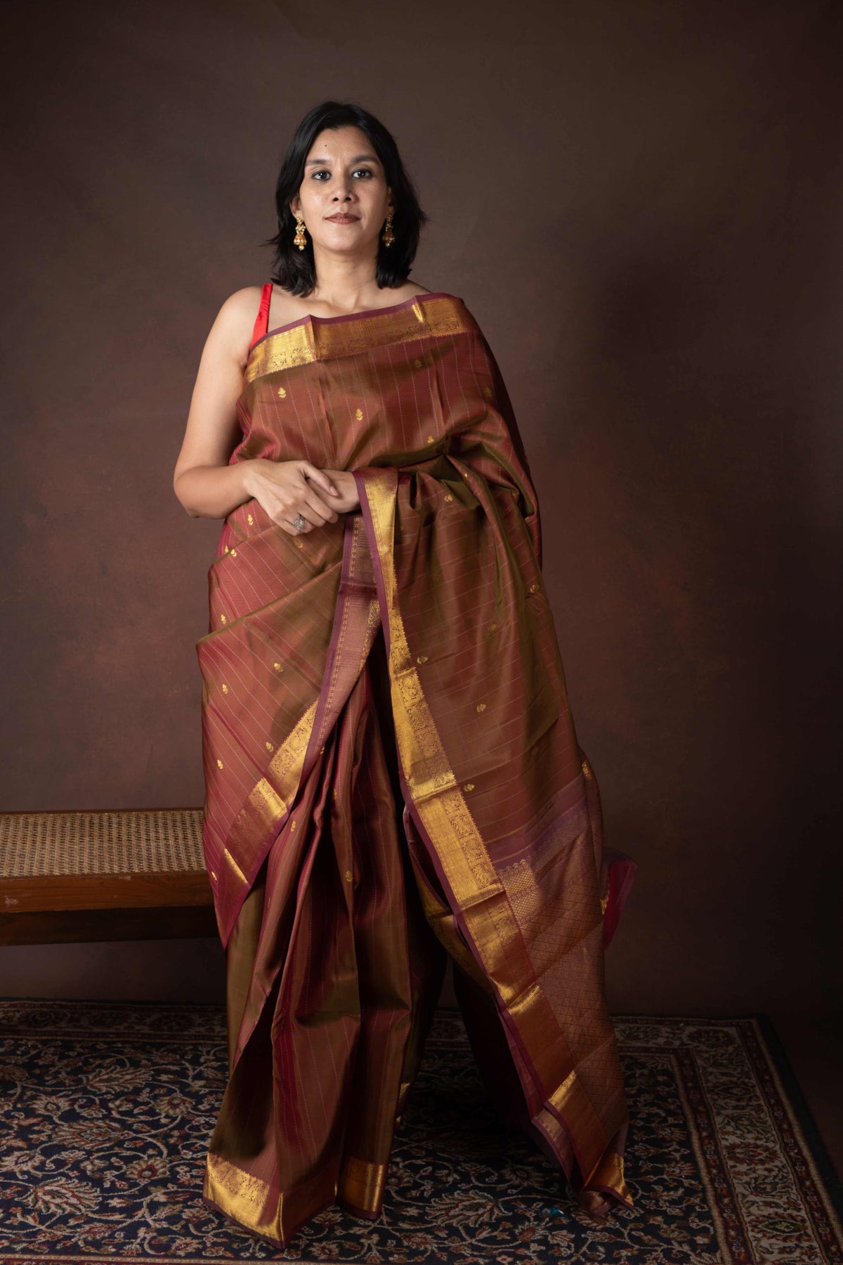 Honey Brown Saree With Pink Border