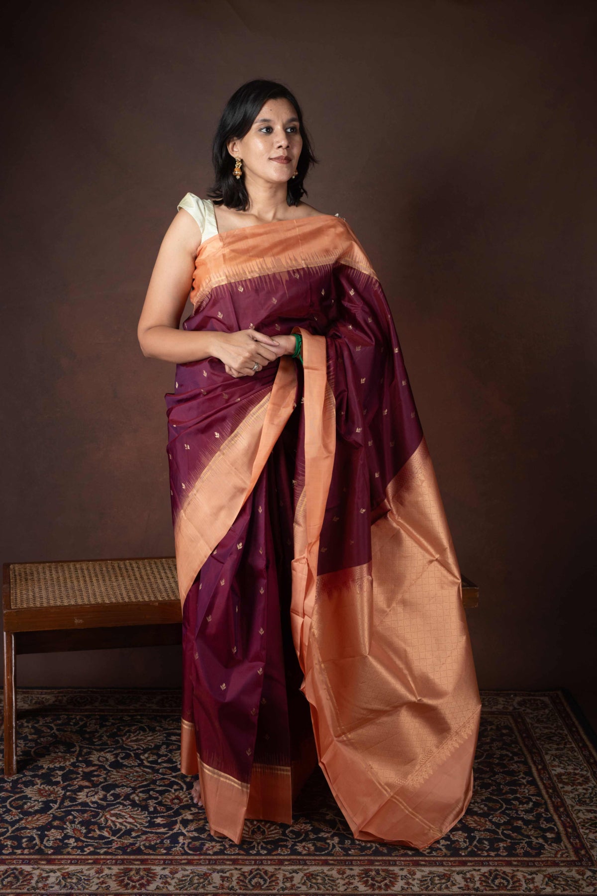 Orange and wine maroon pure silk saree