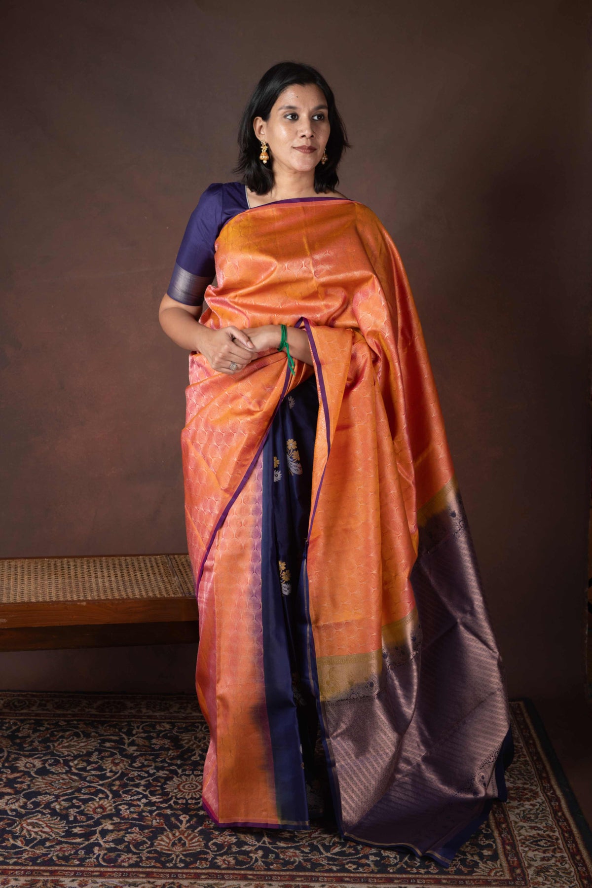 Rust and navyblue silk saree