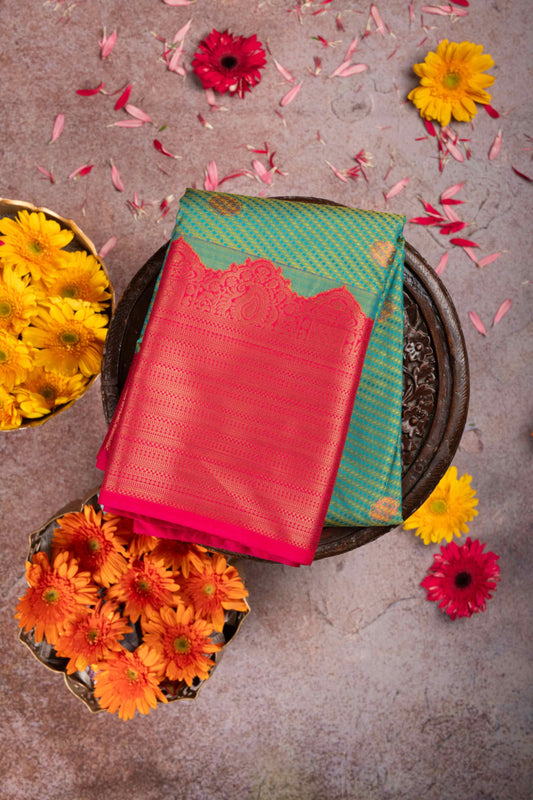 Golden turquoise semi silk saree