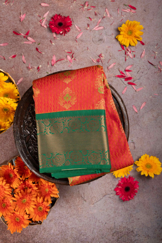 Dual Tone Orange And Green Semi Silk Saree