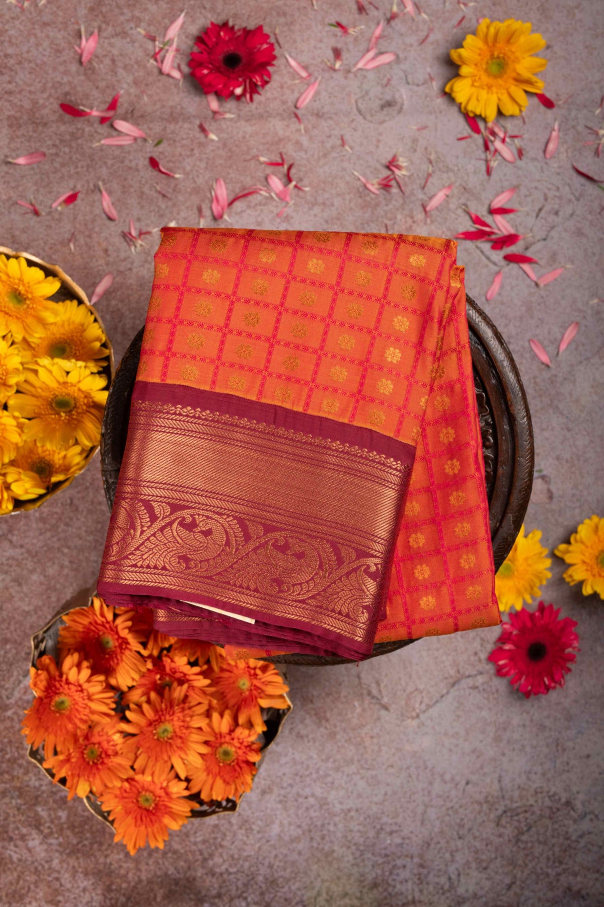 Dual Tone Orange Korvai Semi Silk Saree