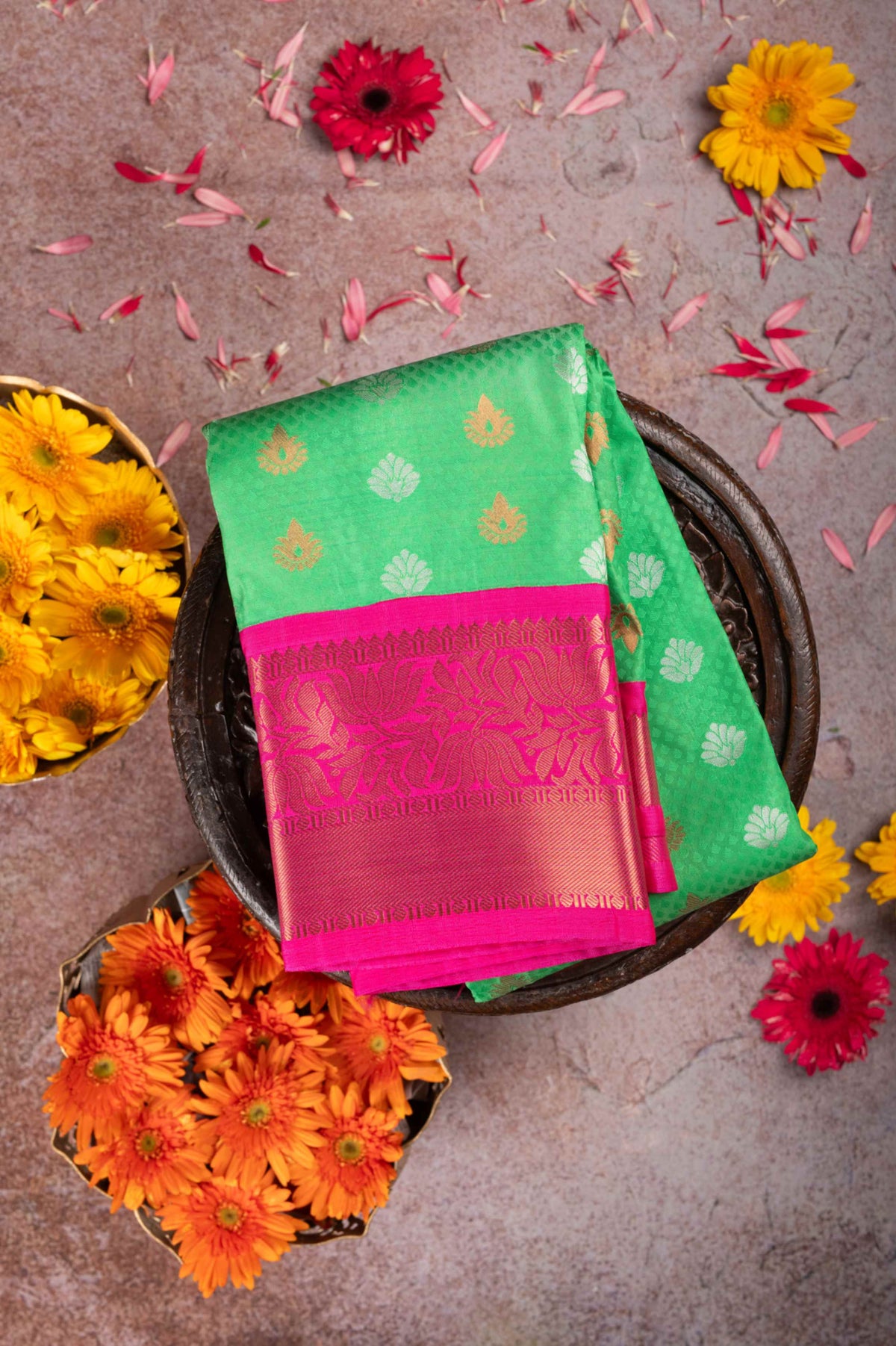 Green And Pink Traditional Semi Silk Saree