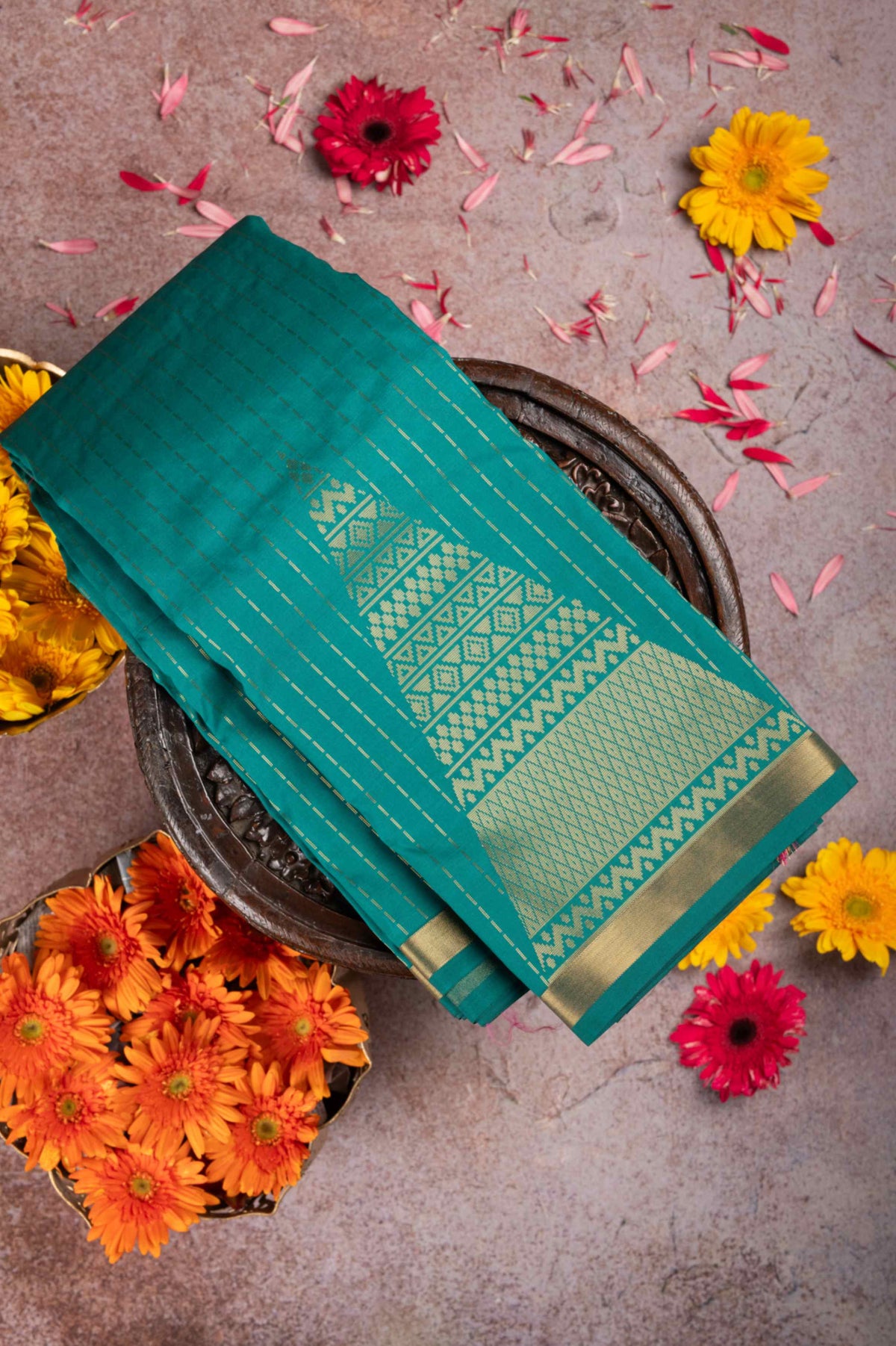 Emerald  Green And Pink Semi Silk Saree