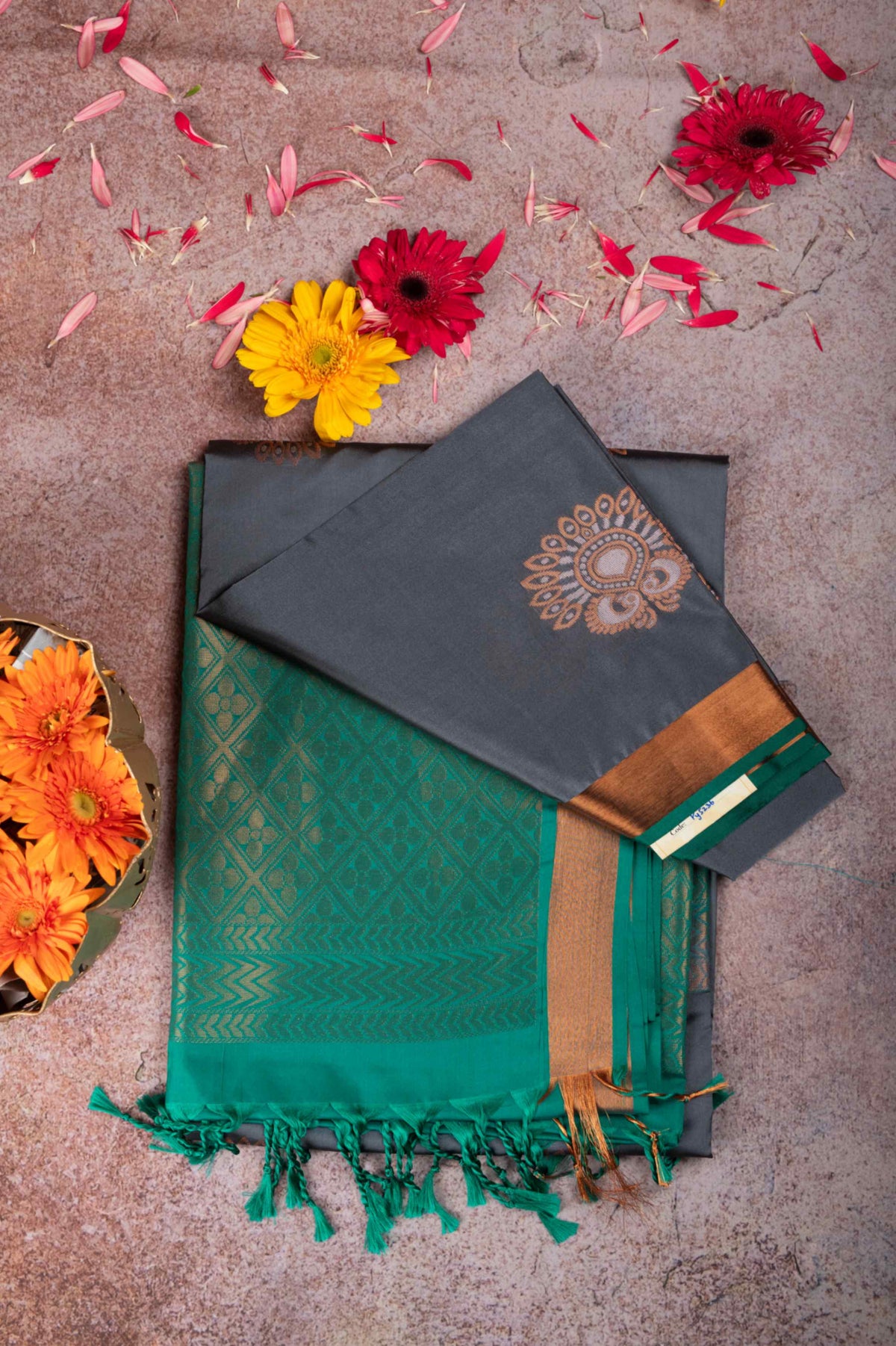 Grey and green semi soft silk saree