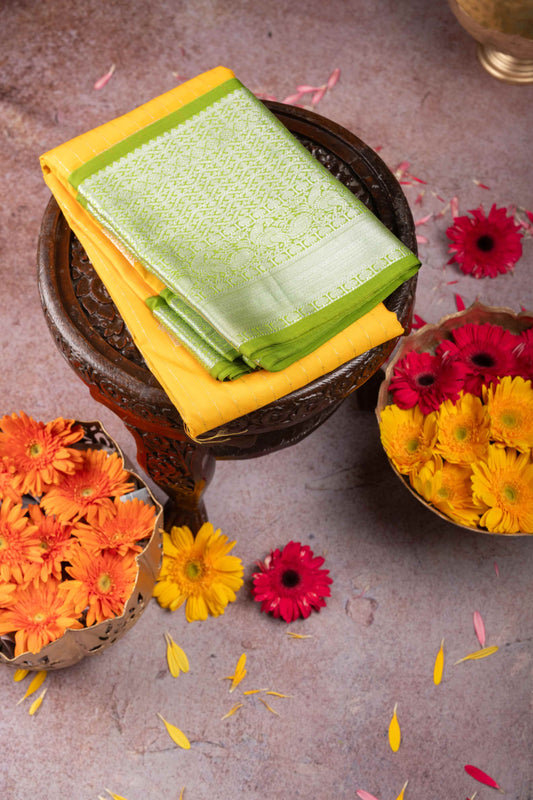 Mango yellow and pink semi silk saree