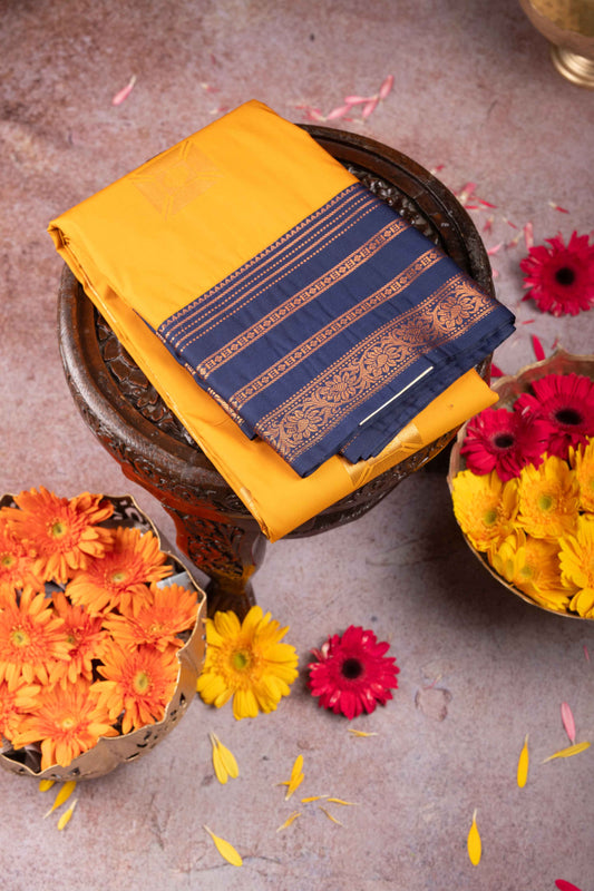 Mustard And Blue Semi Silk Saree