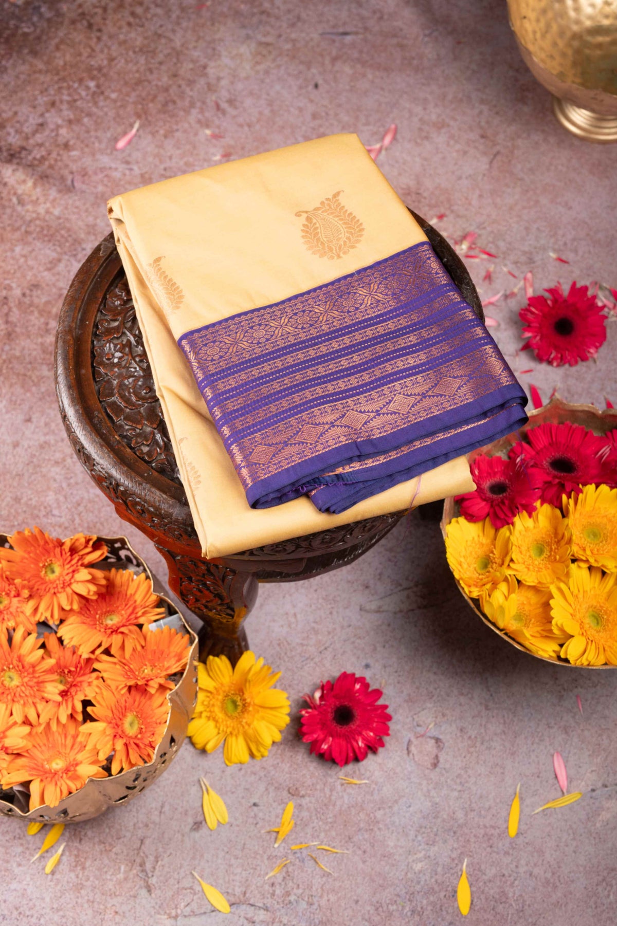 Offwhite Blue Semi Silk Saree