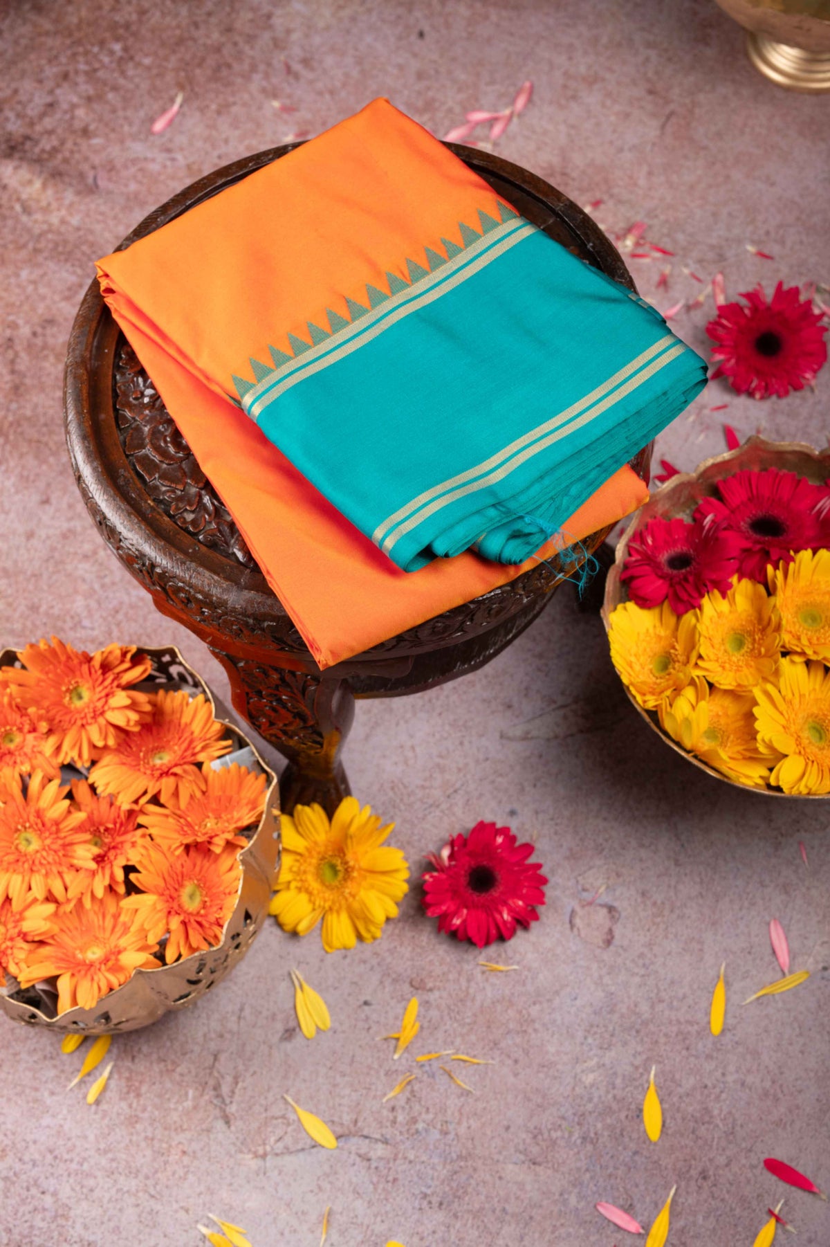 Orange and green semi soft silk saree