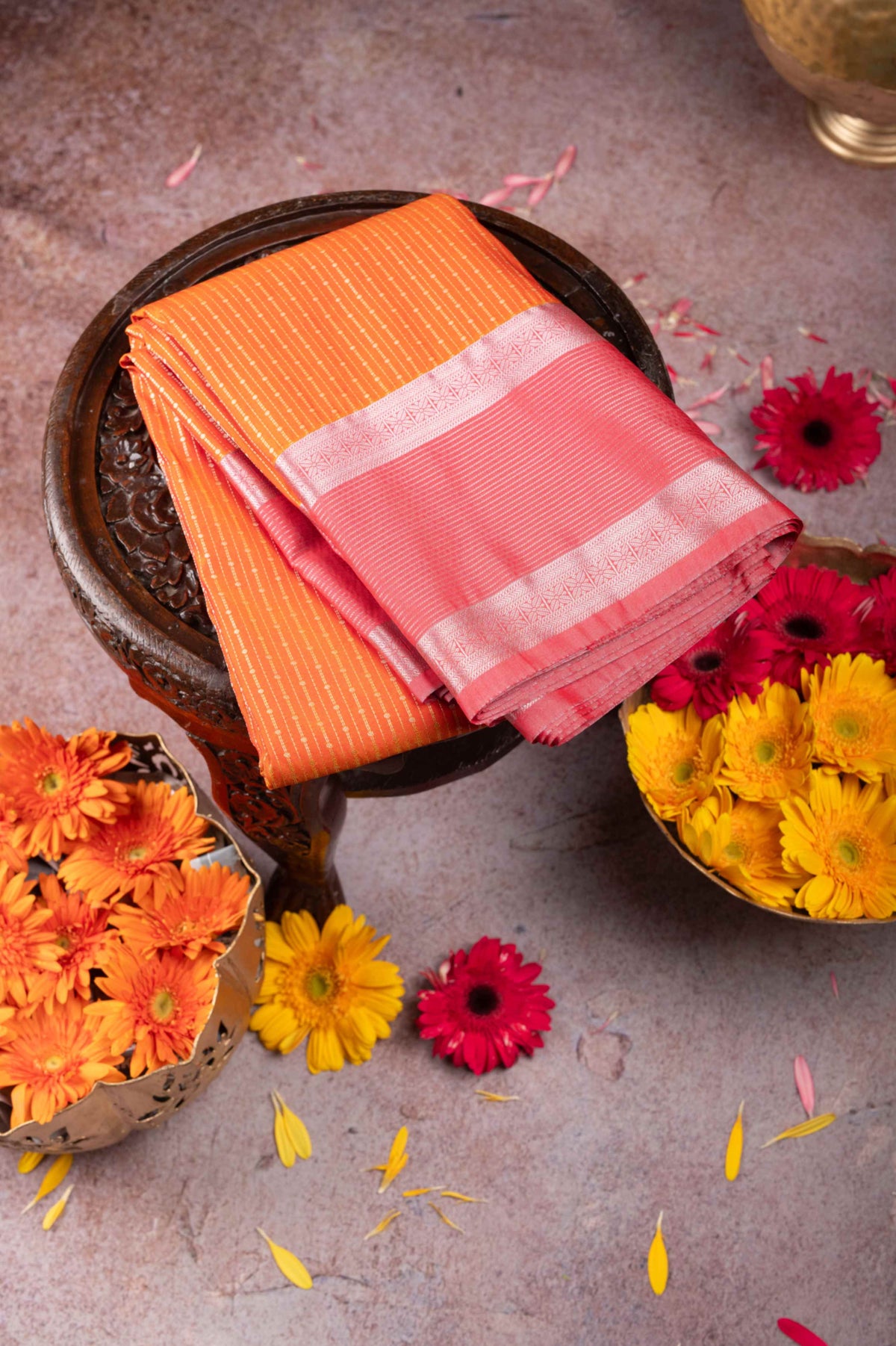 Orange Pink Semi Soft Silk Saree