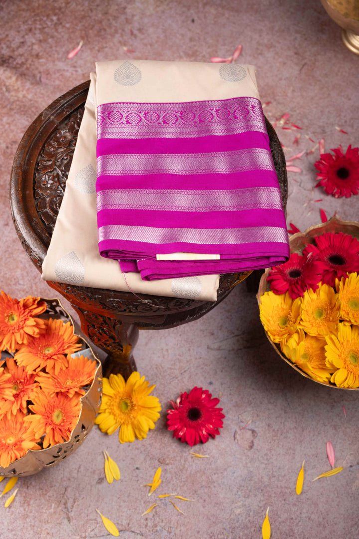 Offwhite Purple Designer Semi Silk Saree