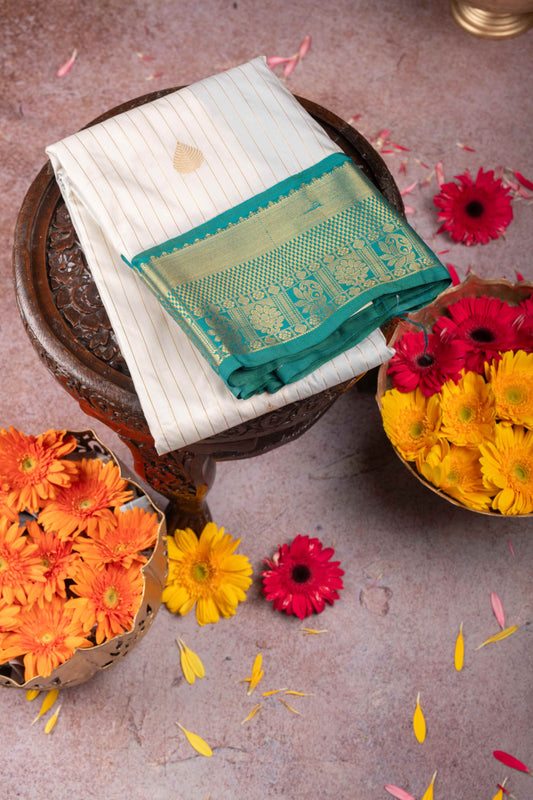 Offwhite Teal Semi Silk Saree