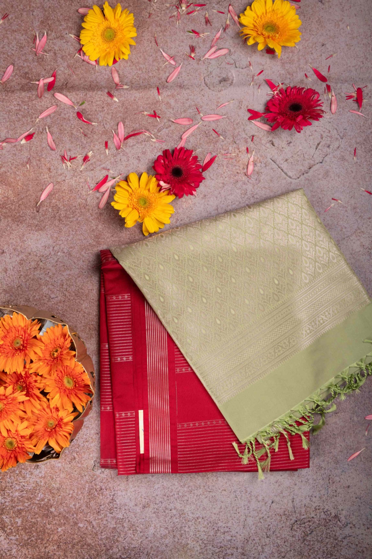 Red And Green Designer Semi Silk Saree