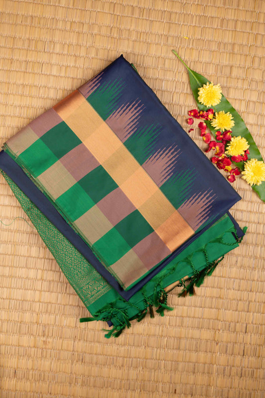 Blue and green temple border semi soft silk saree