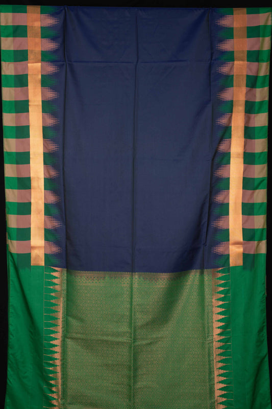 Blue and green temple border semi soft silk saree