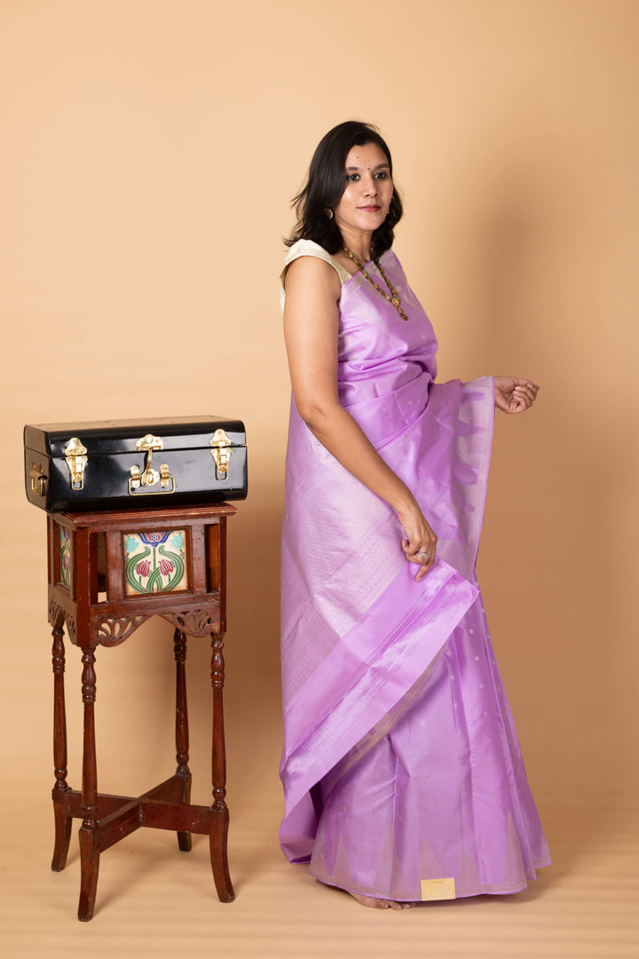 Lavender temple border pure soft silk saree