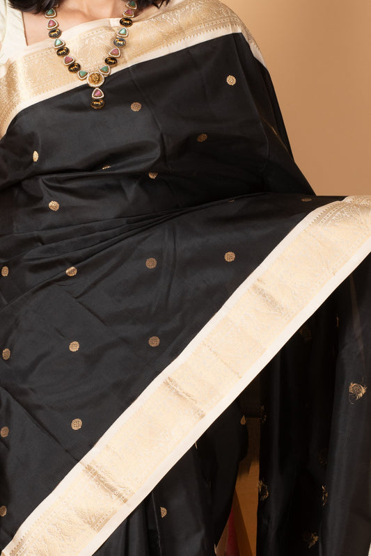 Black and White Pure Silk Saree