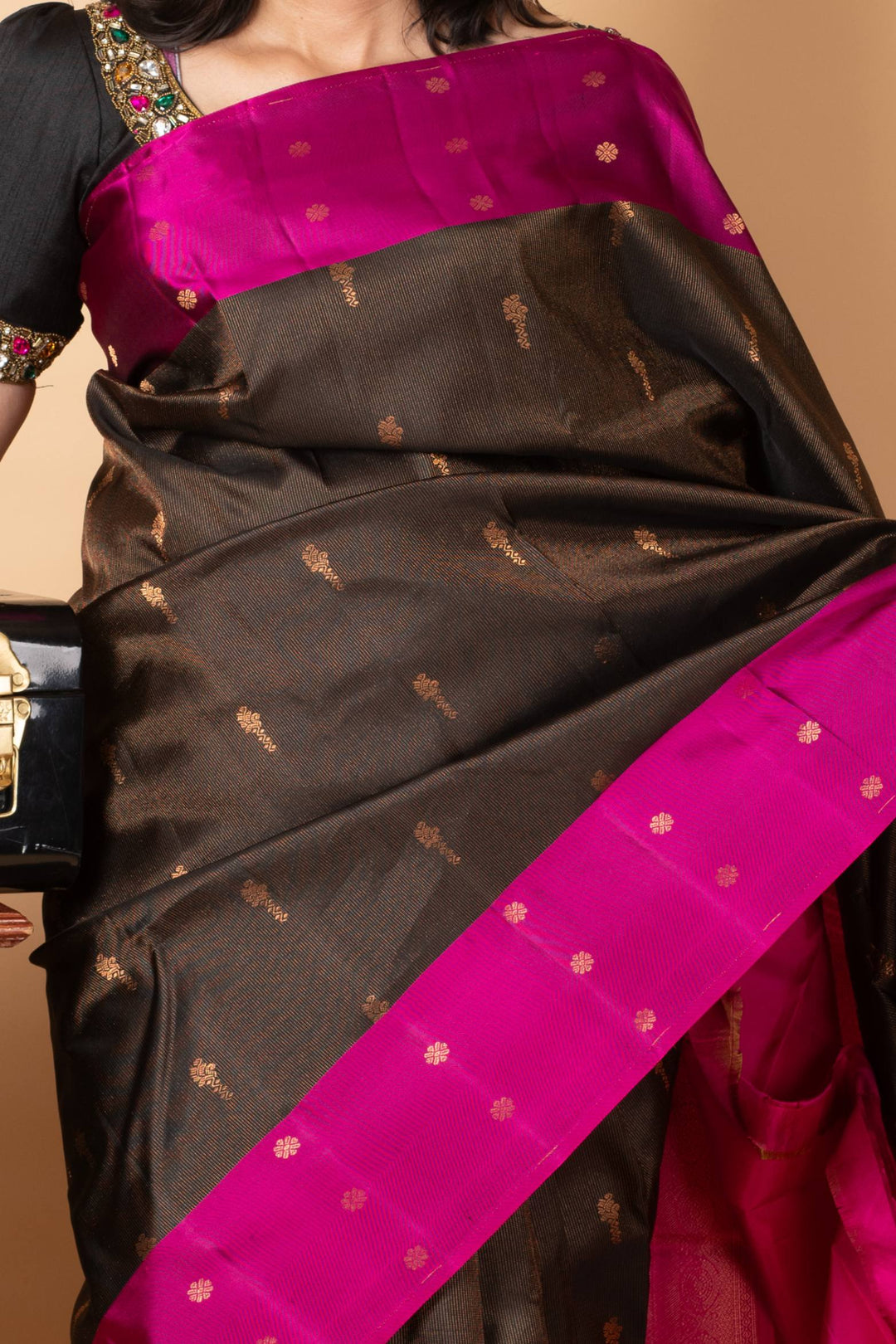 Black and soft pink pure silk saree