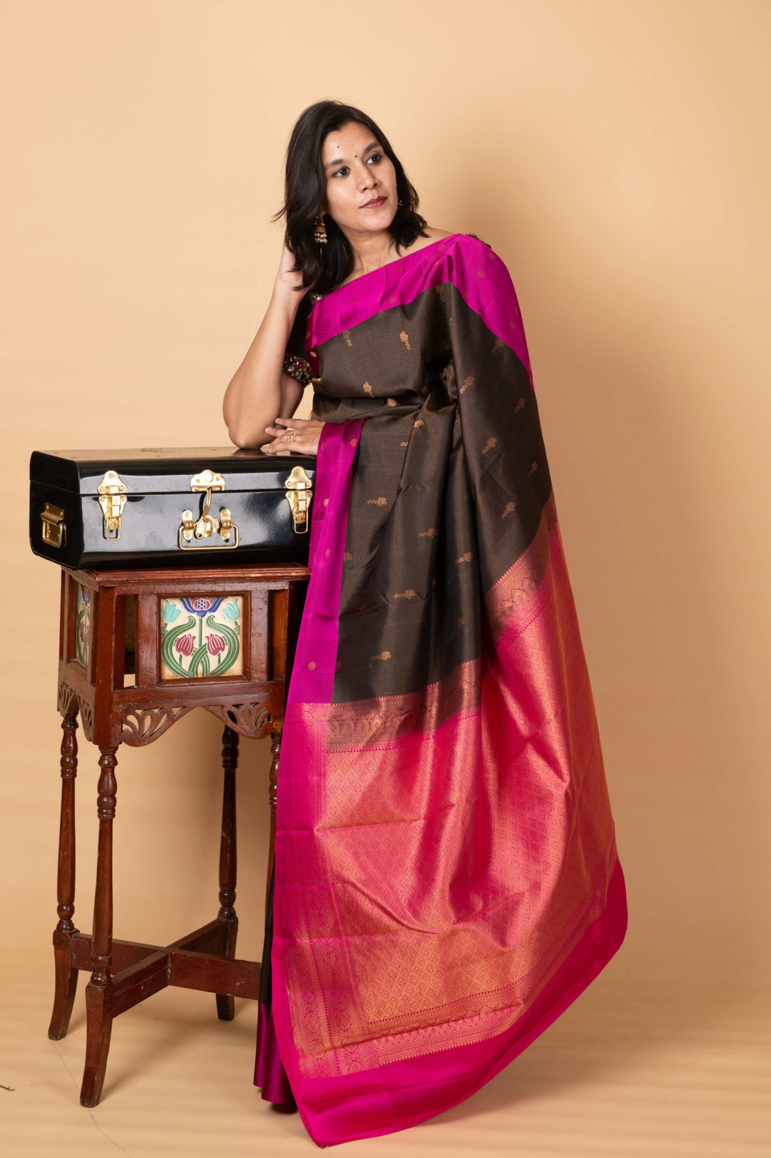Black and soft pink pure silk saree