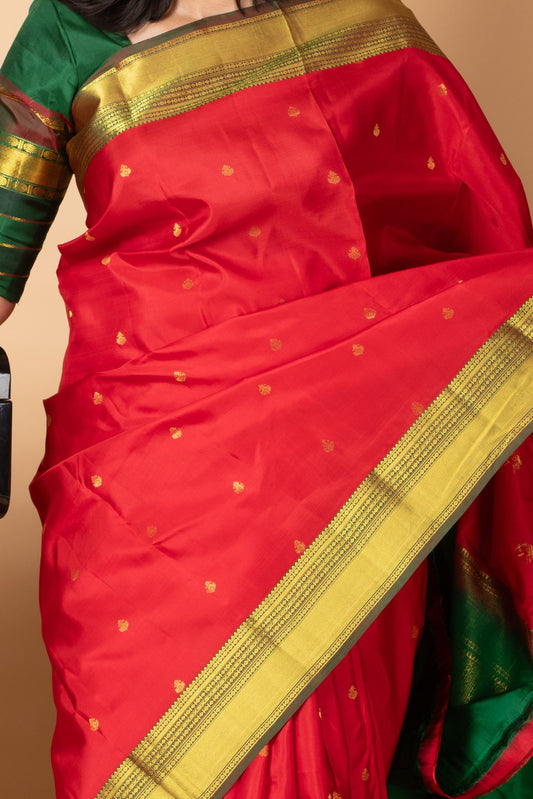 Red and green small border silk saree