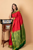 Red and green small border silk saree