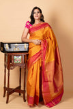 Borderless Yellow and Double Tone Pink Silk Saree