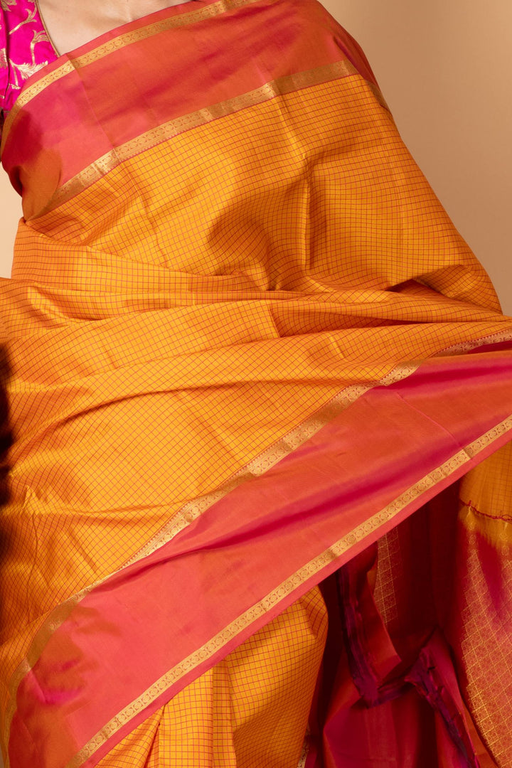 Borderless Yellow and Double Tone Pink Silk Saree