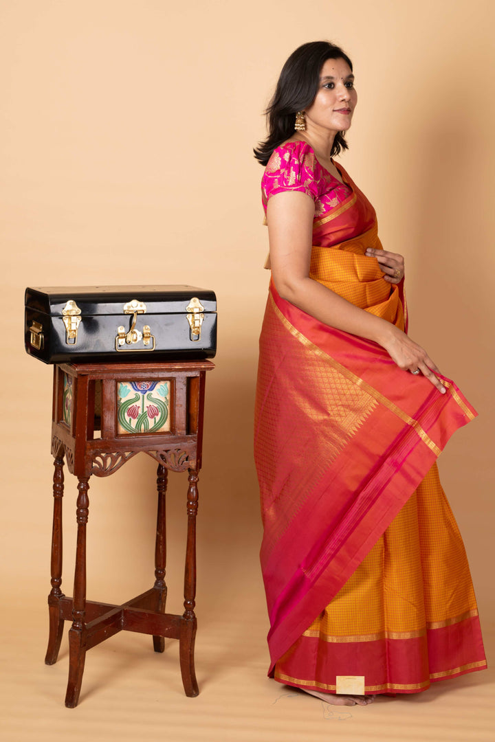 Borderless Yellow and Double Tone Pink Silk Saree