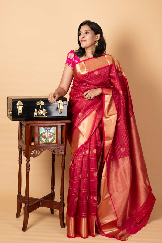 Maroon and Pink Silk Saree
