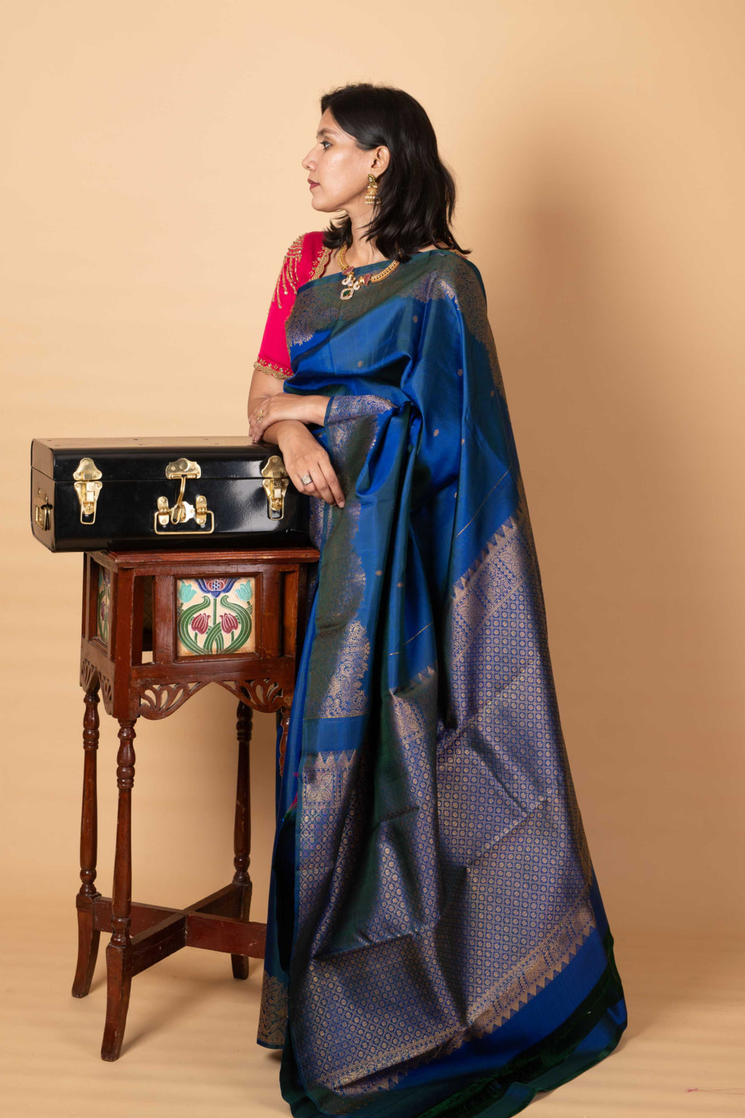 Peacock blue turning silk saree