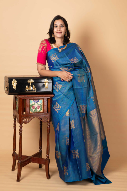 Blue checks silk saree
