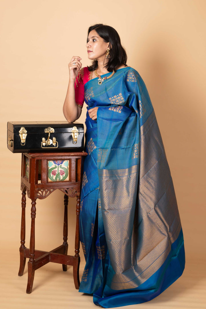 Blue checks silk saree