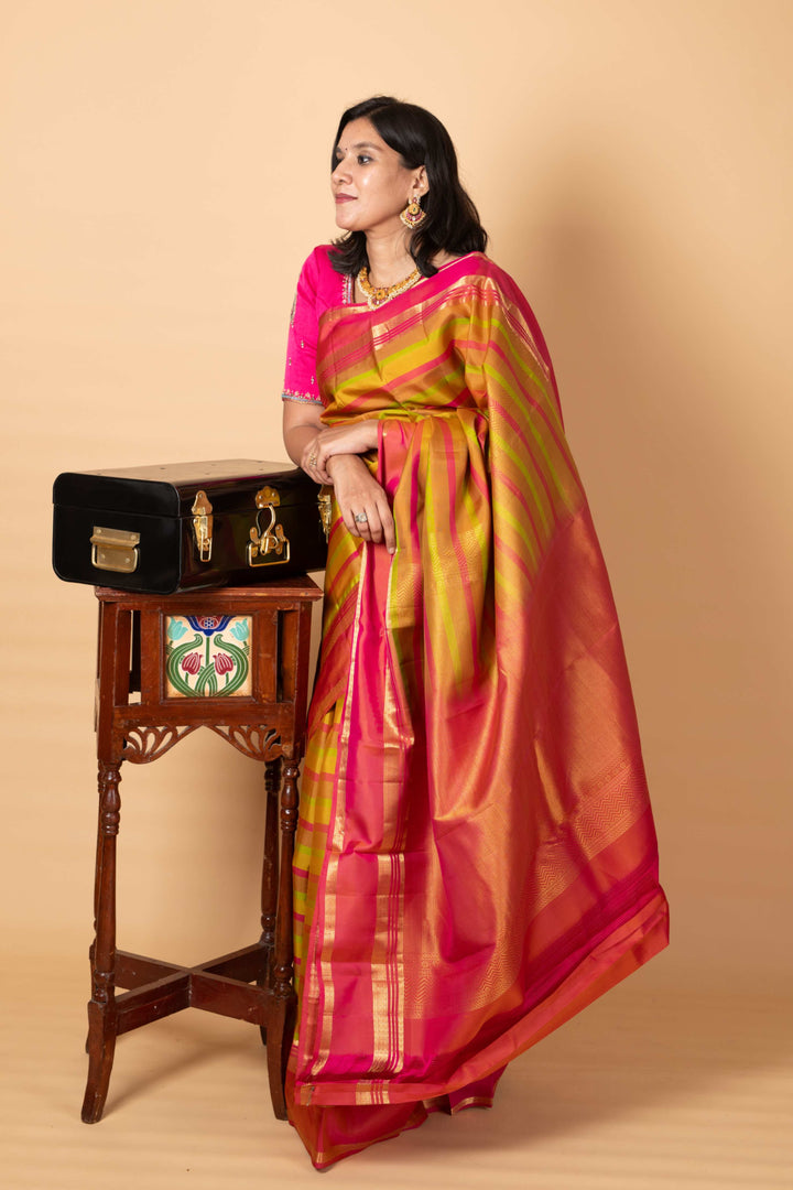 Green and multicolour border pure silk saree