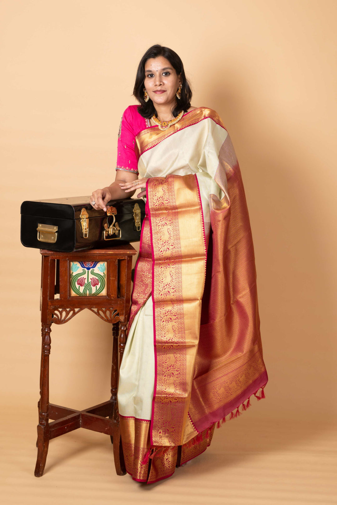 Beige pure silk saree