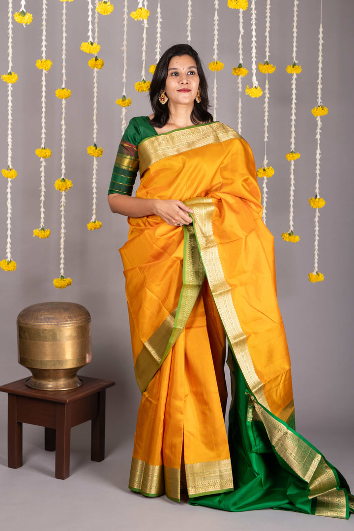 Yellow and green soft silk saree