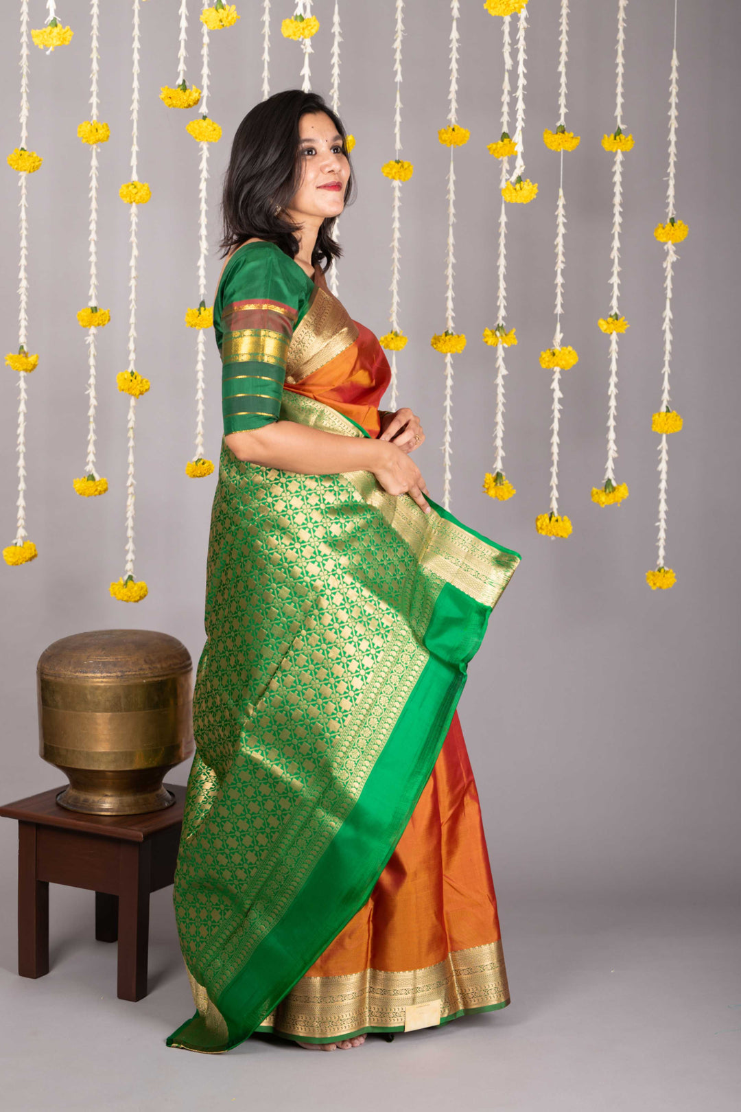 Honey brown saree with green border