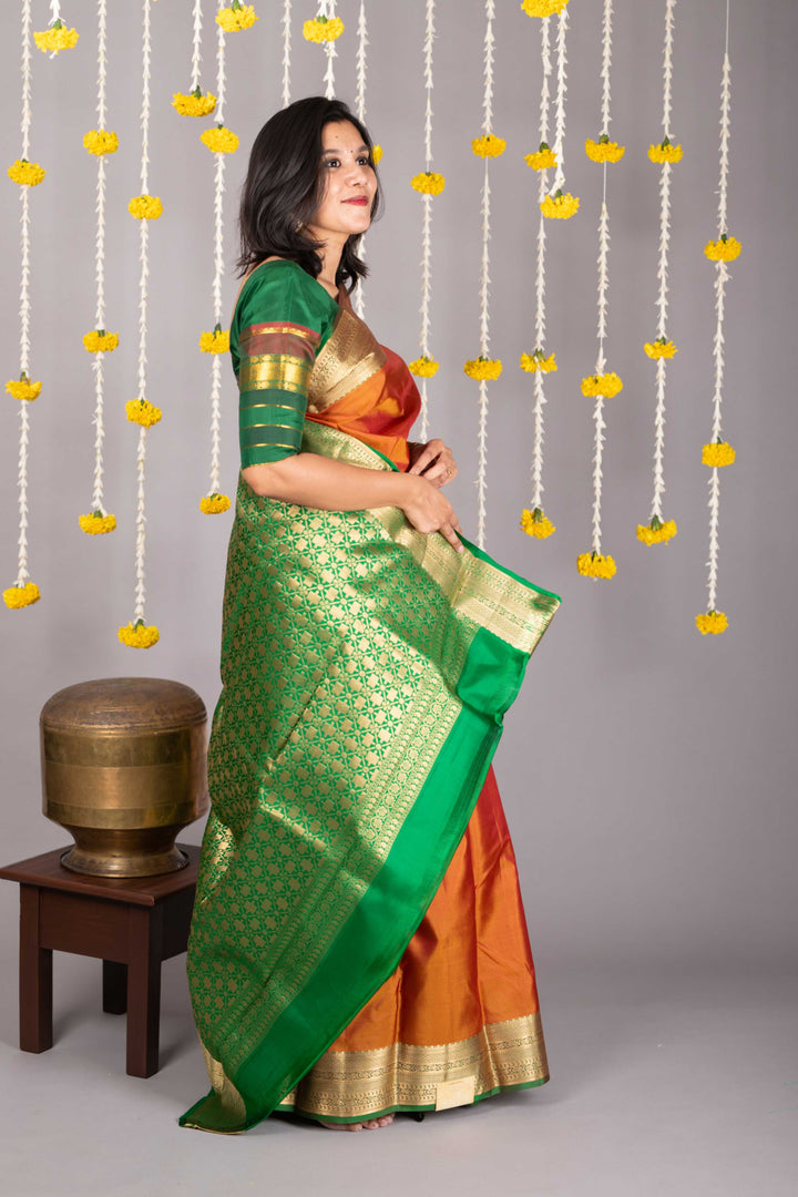 Honey brown saree with green border