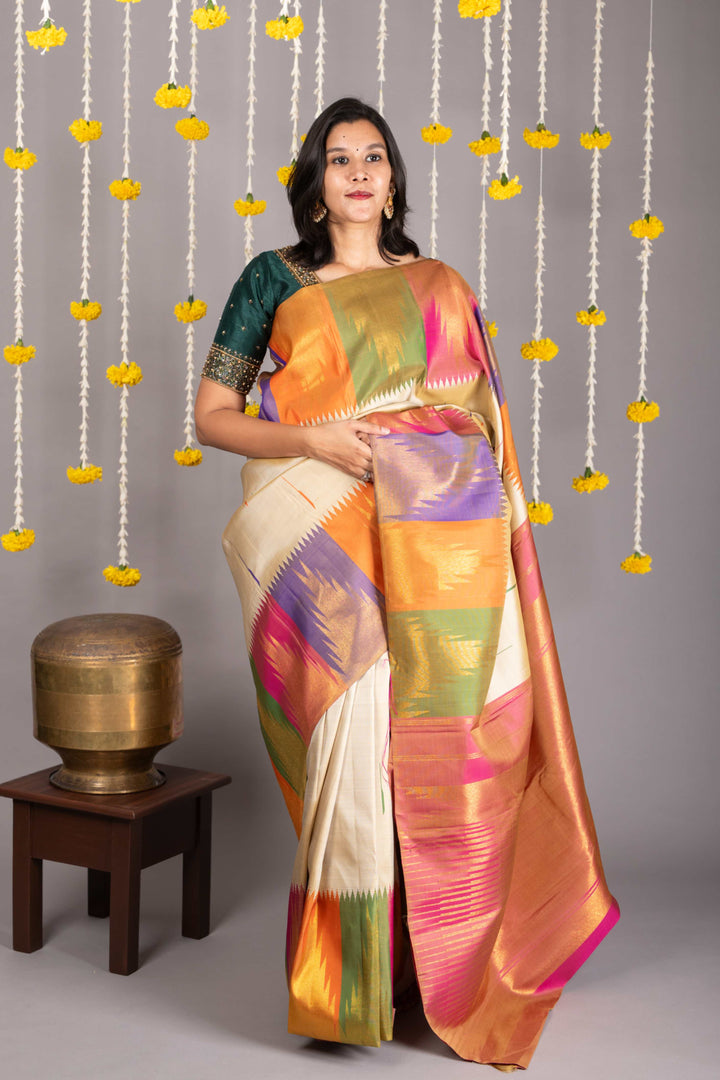 offwhite multicolor temple kachipuram silk saree
