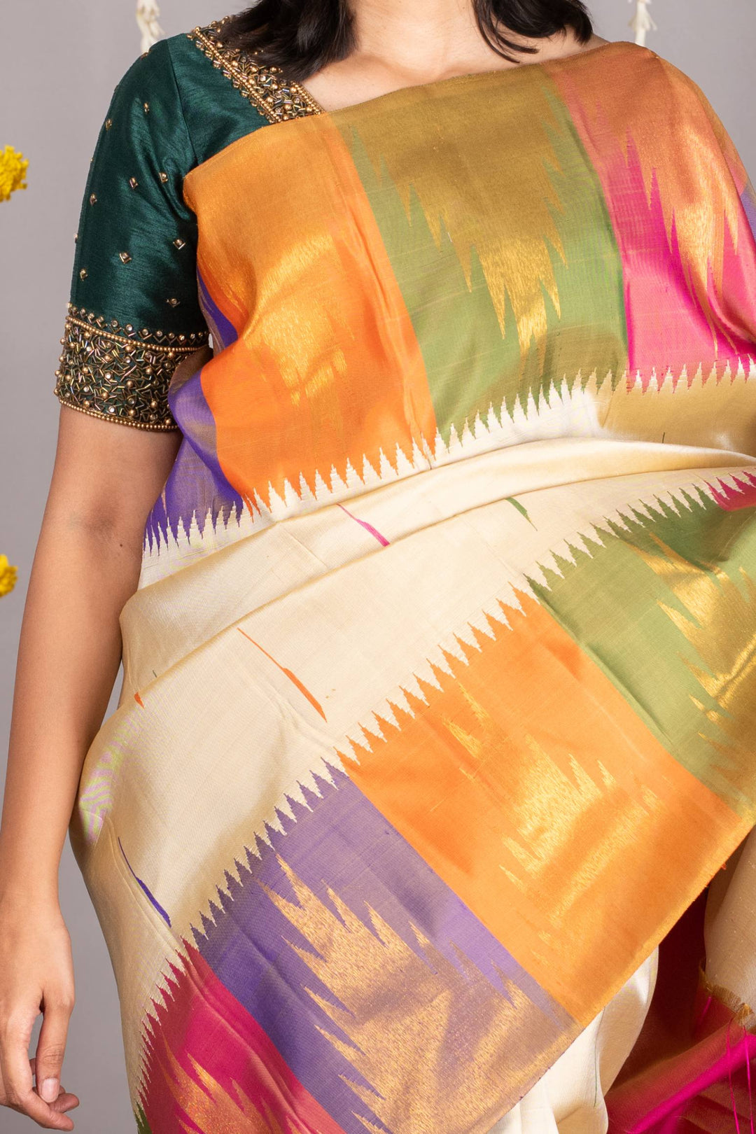 offwhite multicolor temple kachipuram silk saree