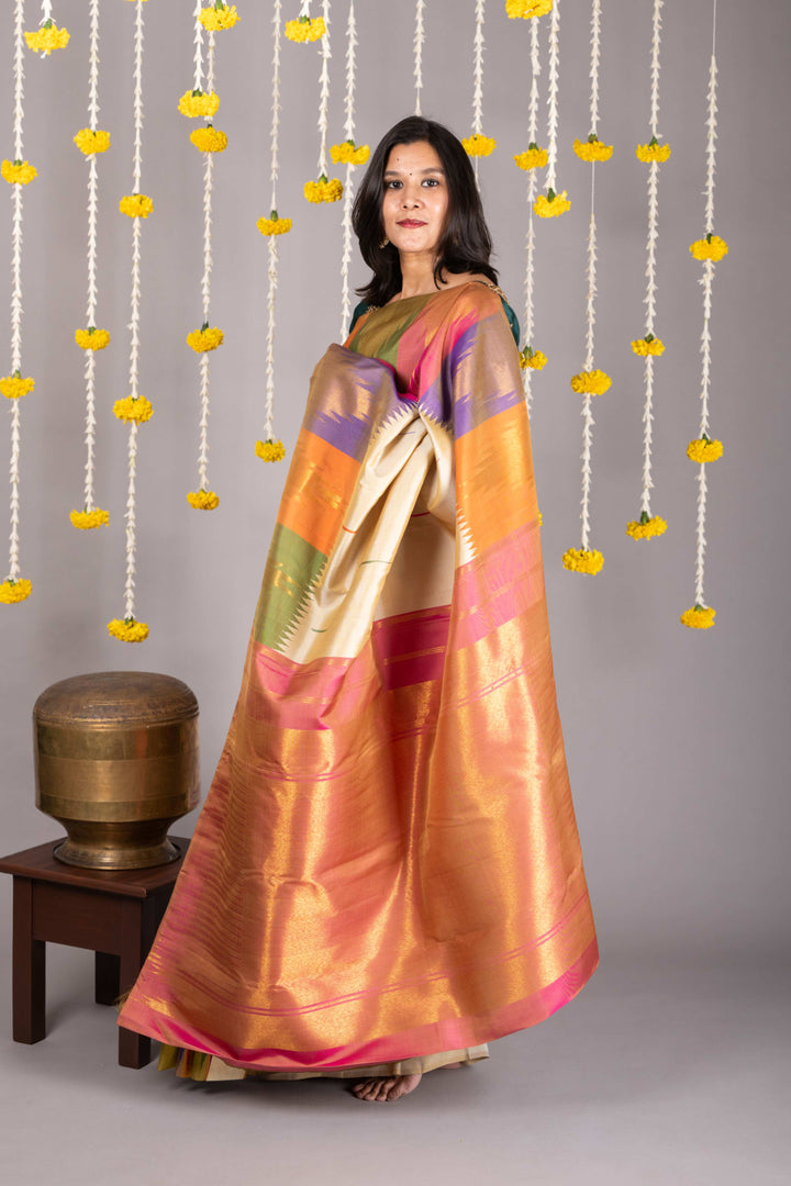 offwhite multicolor temple kachipuram silk saree