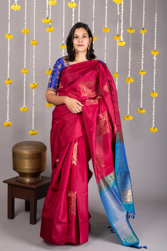 Blue and pink combination silk saree