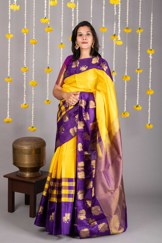 Yellow and purple pure silk saree