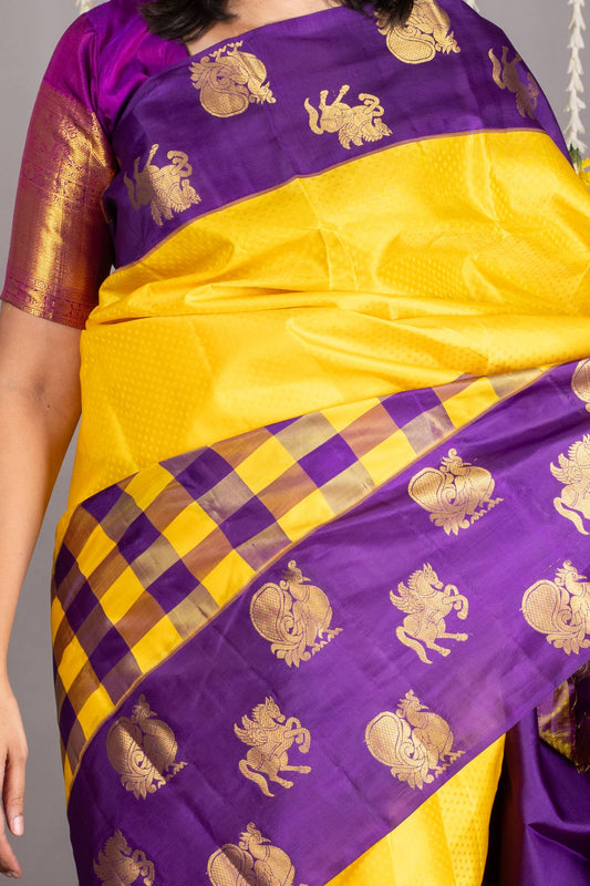 Yellow and purple pure silk saree