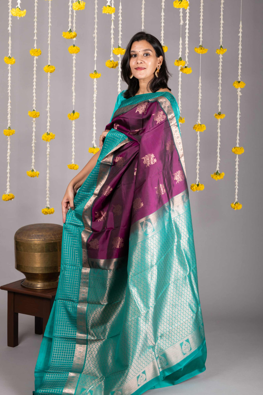 Purple and green pure silk saree