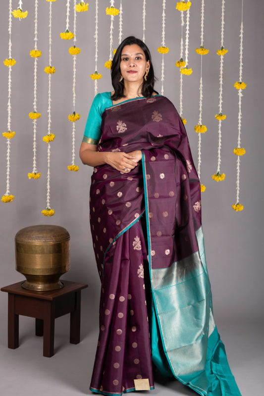 Brinjal purple and green pure silk saree