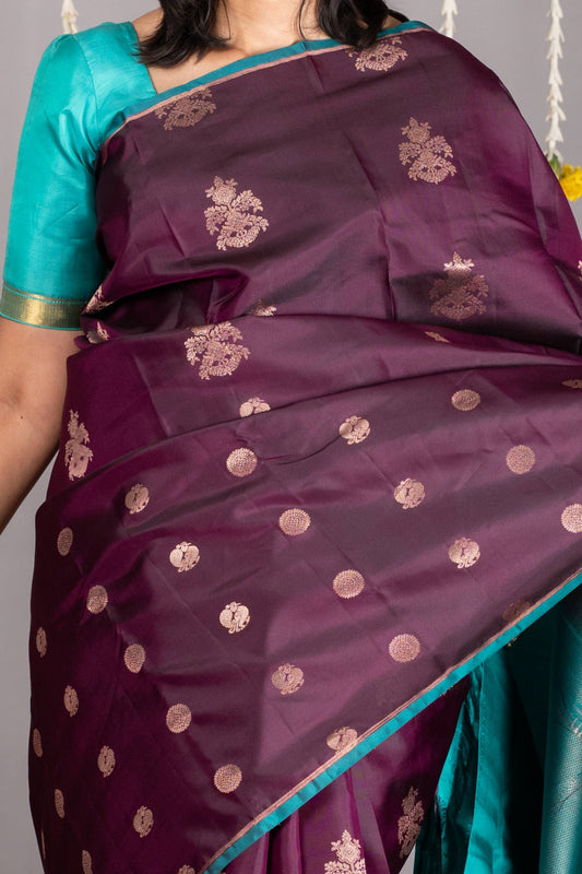 Brinjal purple and green pure silk saree