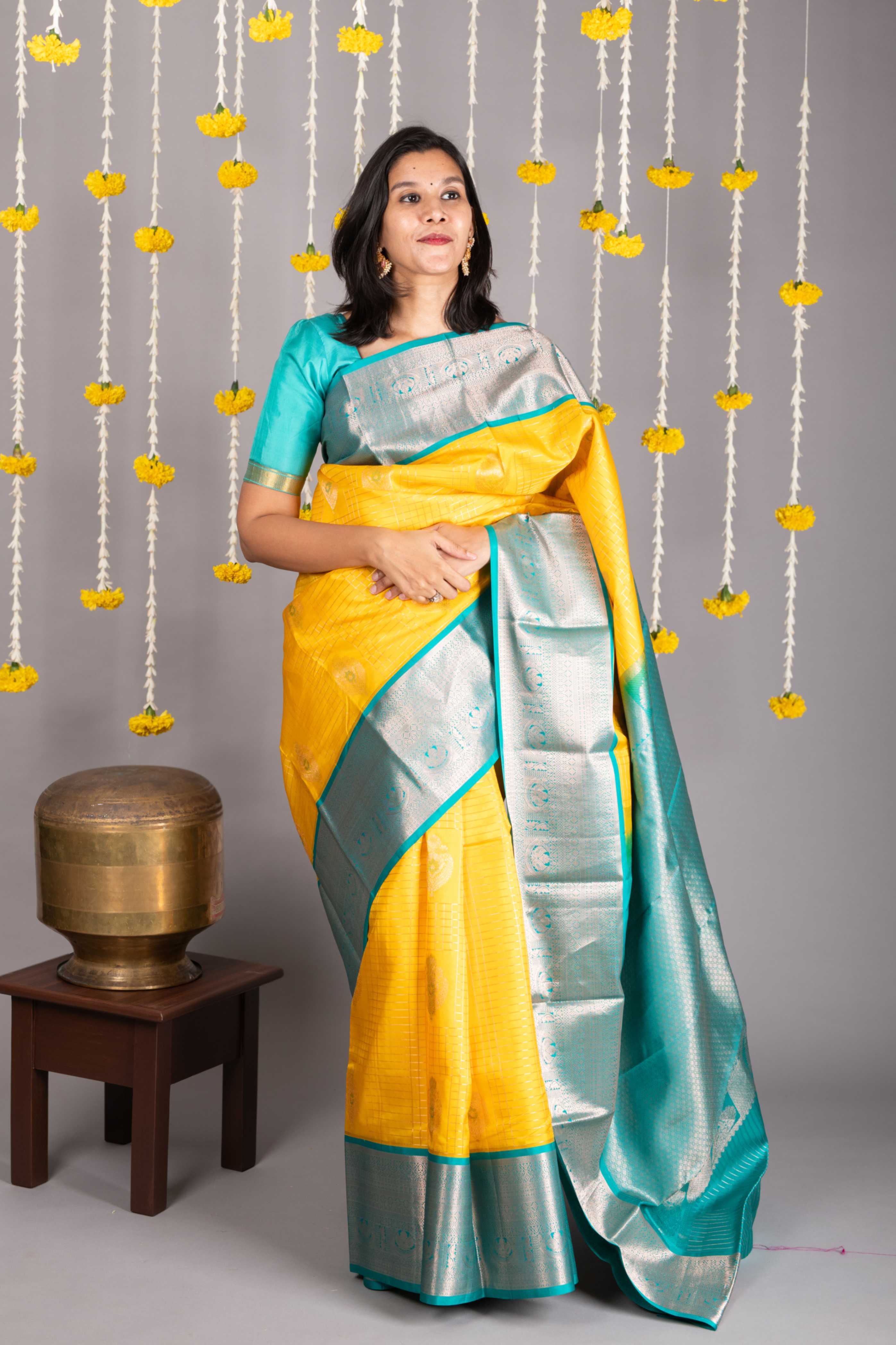 Yellow and Blue Kanchipuram Silk Saree