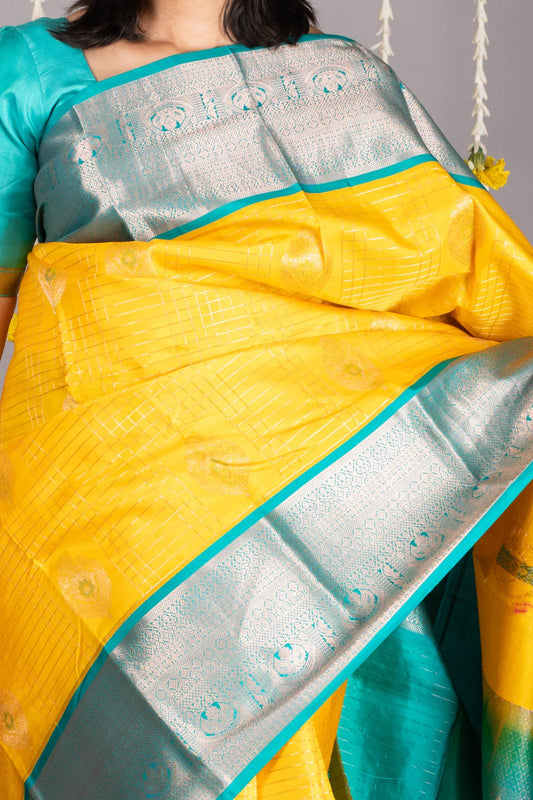 Yellow and Blue Kanchipuram Silk Saree