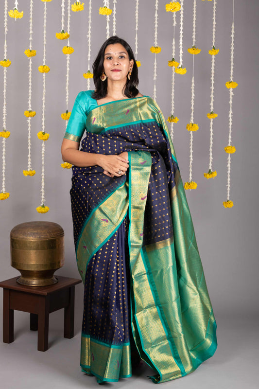 Peacock blue kanjivaram silk saree