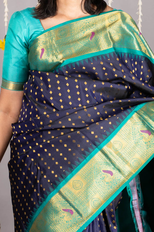 Peacock blue kanjivaram silk saree